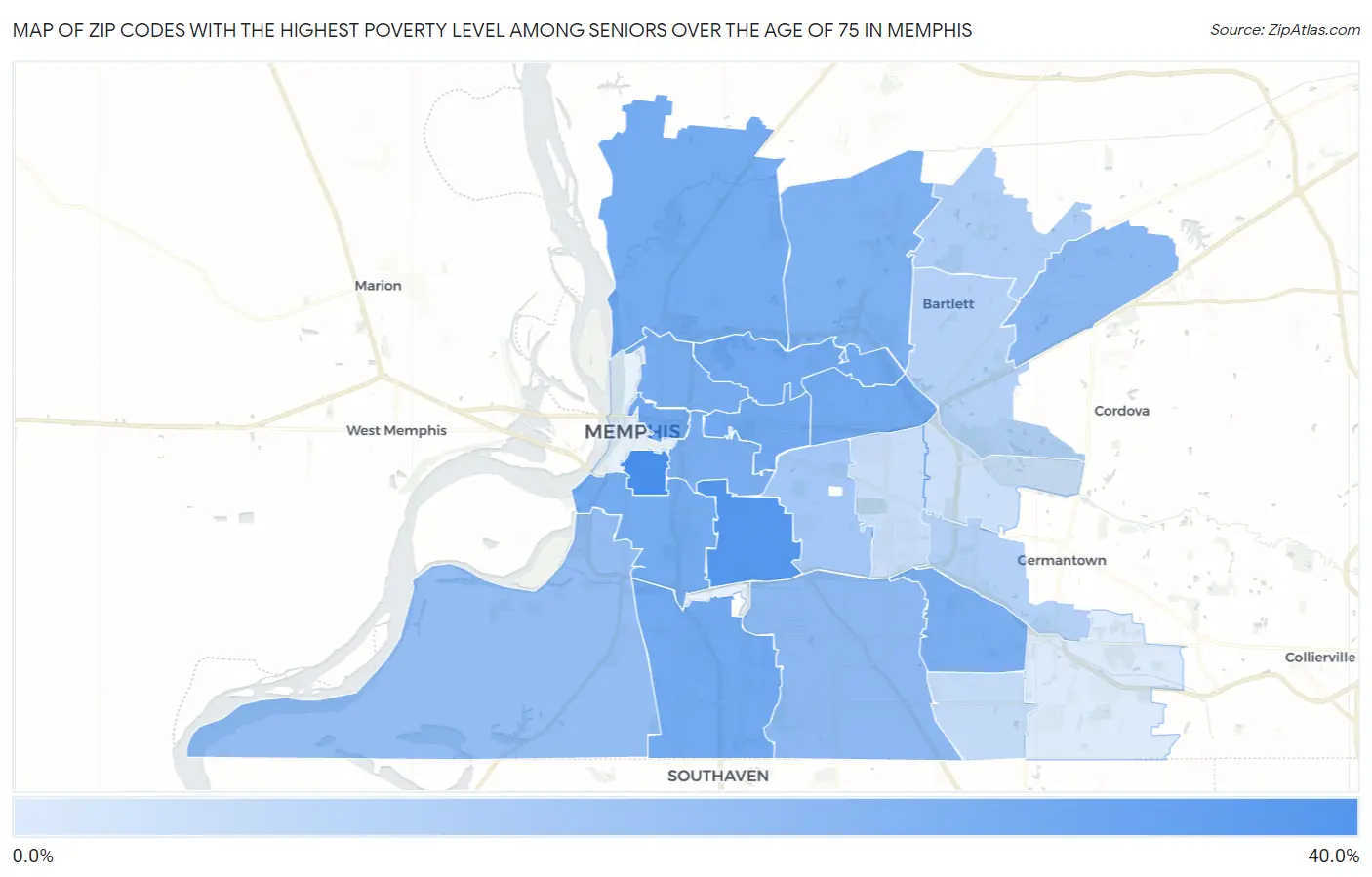 Zip Codes with the Highest Poverty Level Among Seniors Over the Age of 75 in Memphis Map