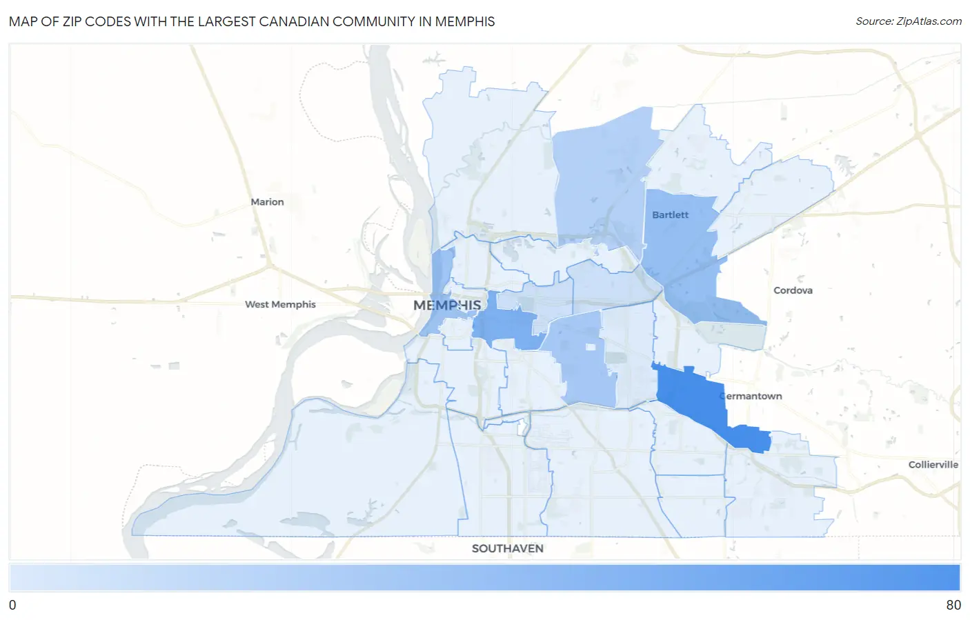 Zip Codes with the Largest Canadian Community in Memphis Map