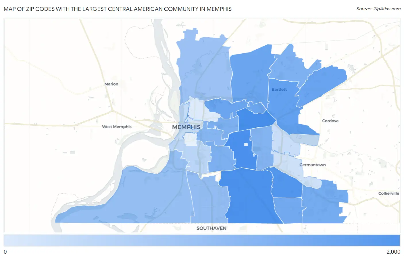 Zip Codes with the Largest Central American Community in Memphis Map