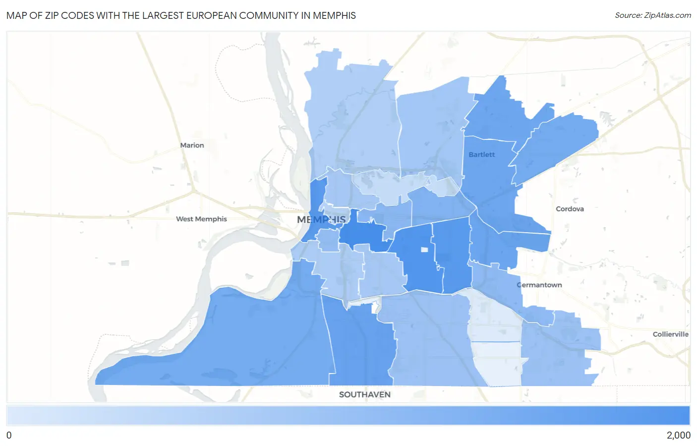 Zip Codes with the Largest European Community in Memphis Map