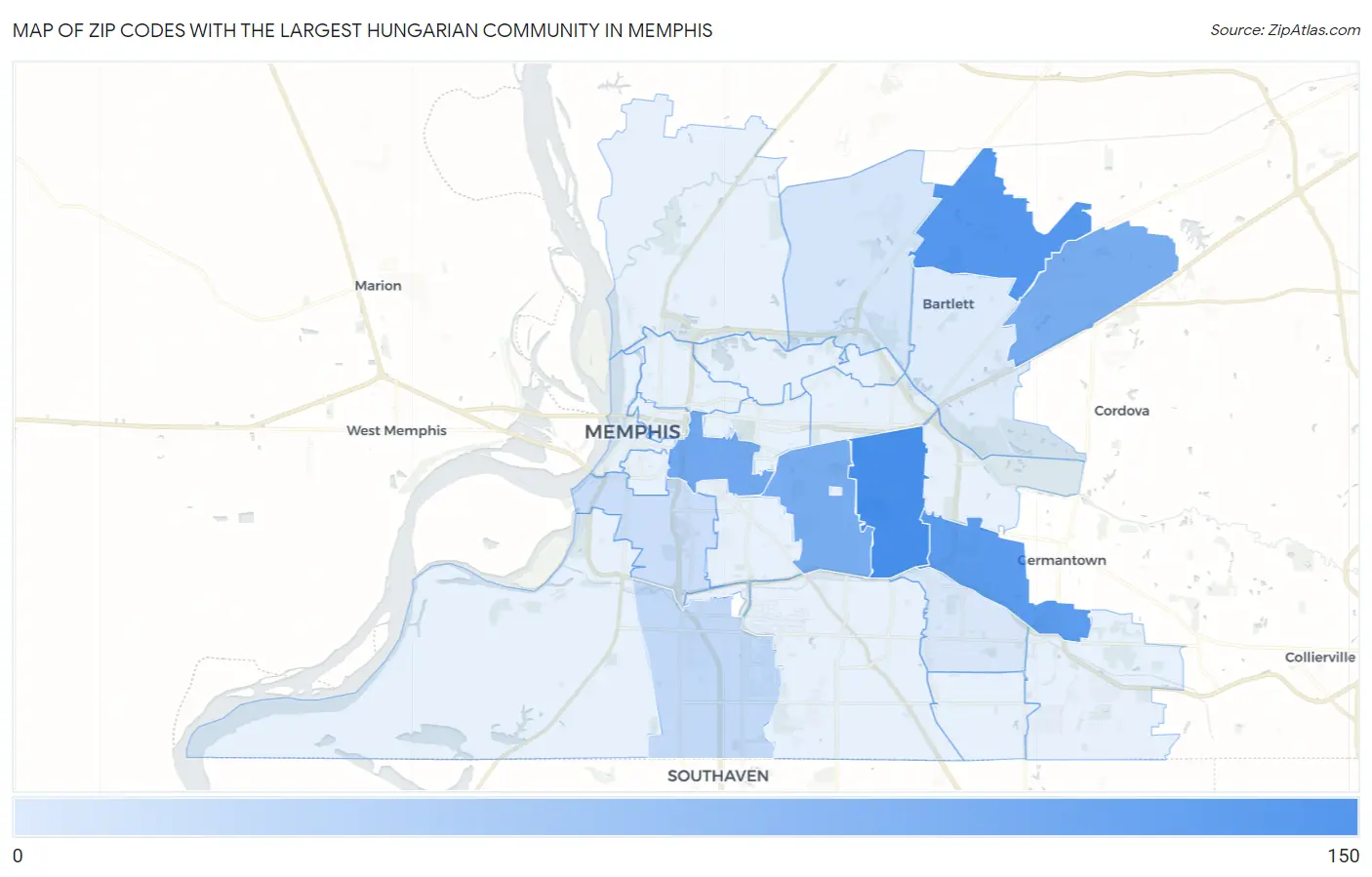 Zip Codes with the Largest Hungarian Community in Memphis Map