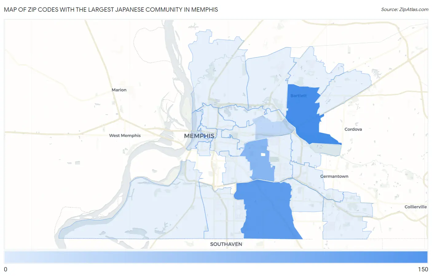 Zip Codes with the Largest Japanese Community in Memphis Map