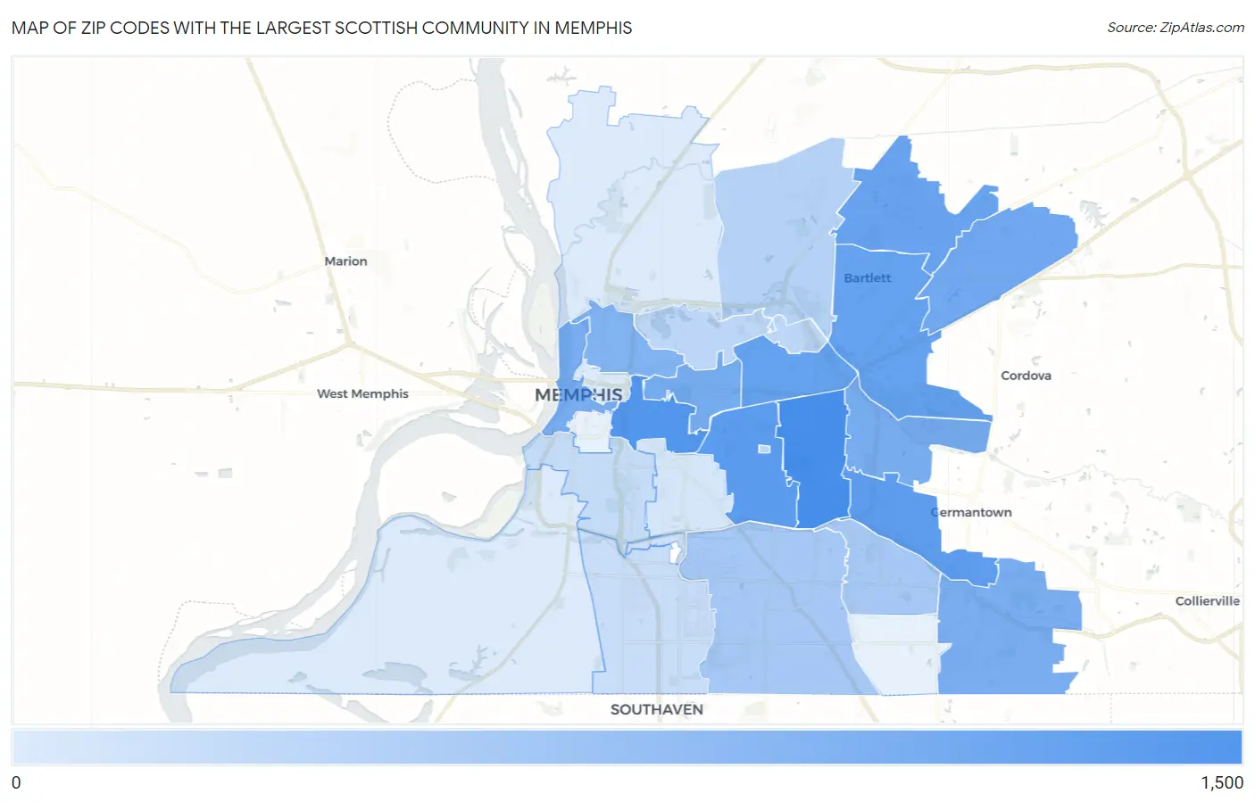 Zip Codes with the Largest Scottish Community in Memphis Map