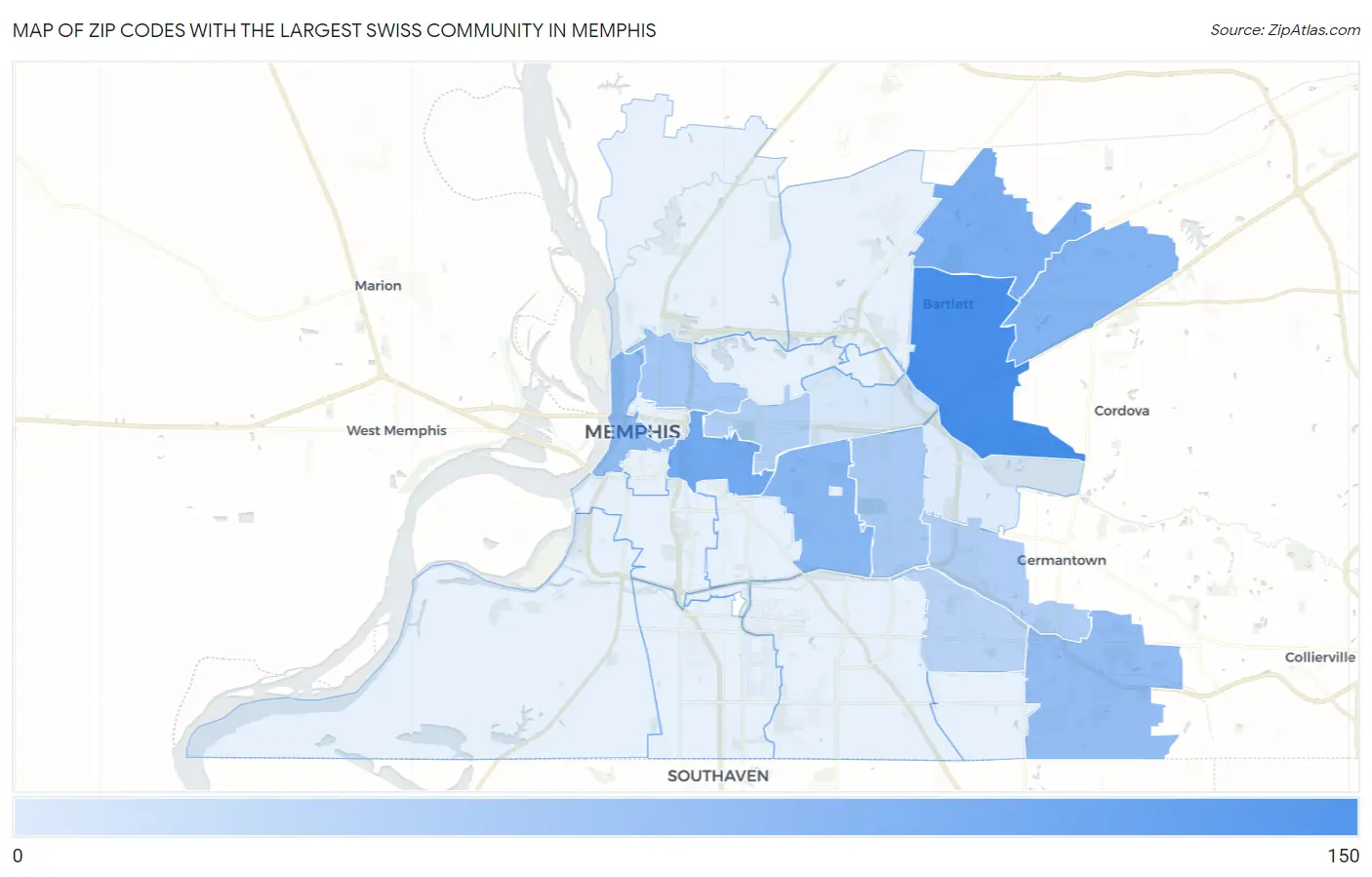 Zip Codes with the Largest Swiss Community in Memphis Map