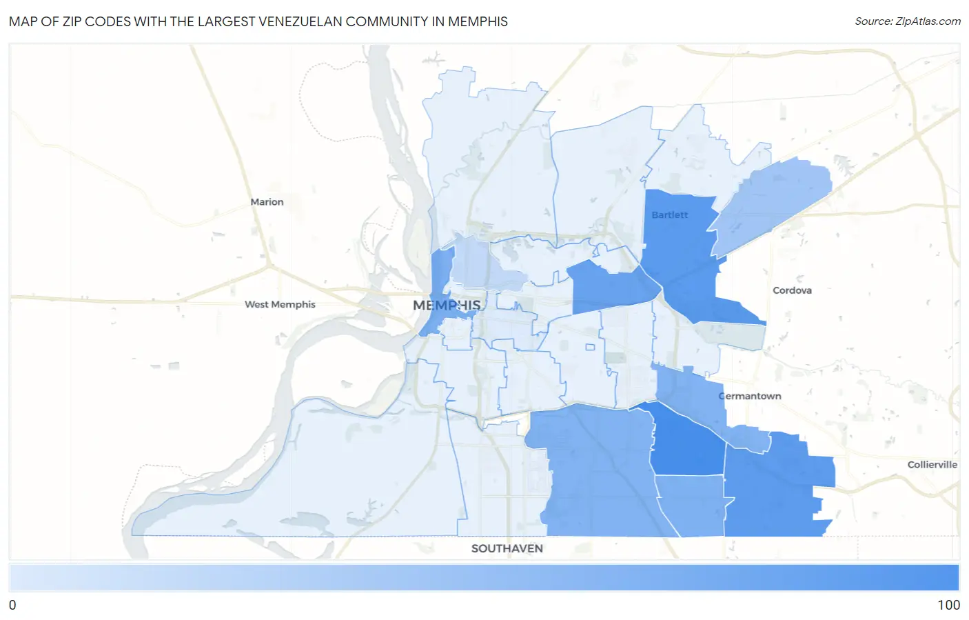 Zip Codes with the Largest Venezuelan Community in Memphis Map