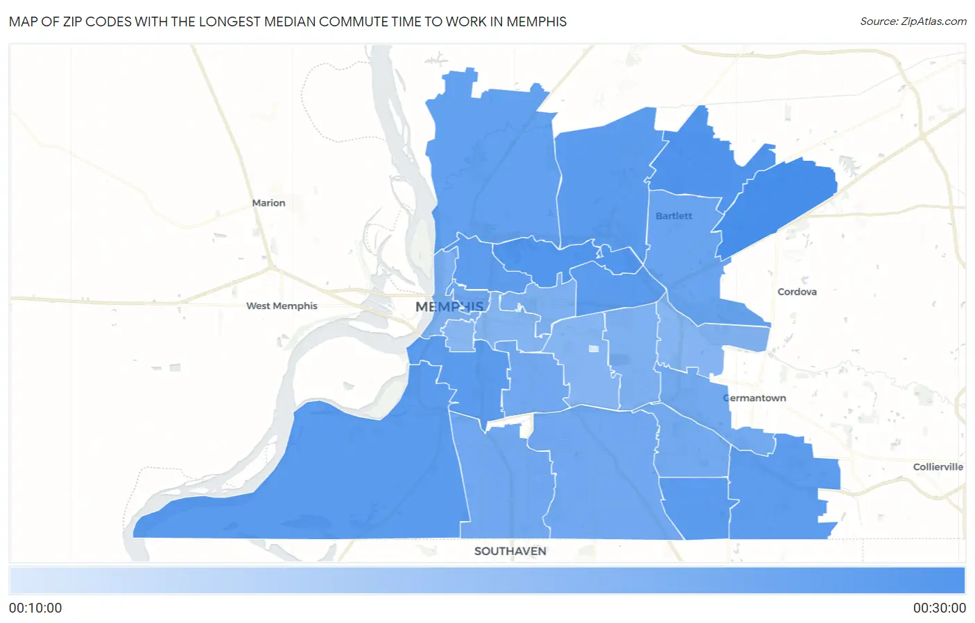 Zip Codes with the Longest Median Commute Time to Work in Memphis Map
