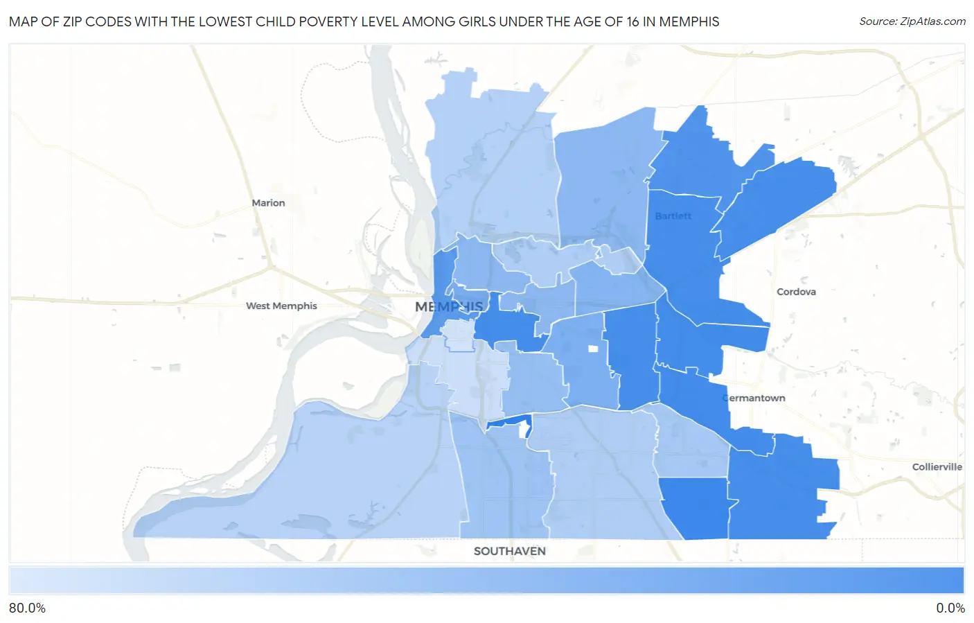 Zip Codes with the Lowest Child Poverty Level Among Girls Under the Age of 16 in Memphis Map