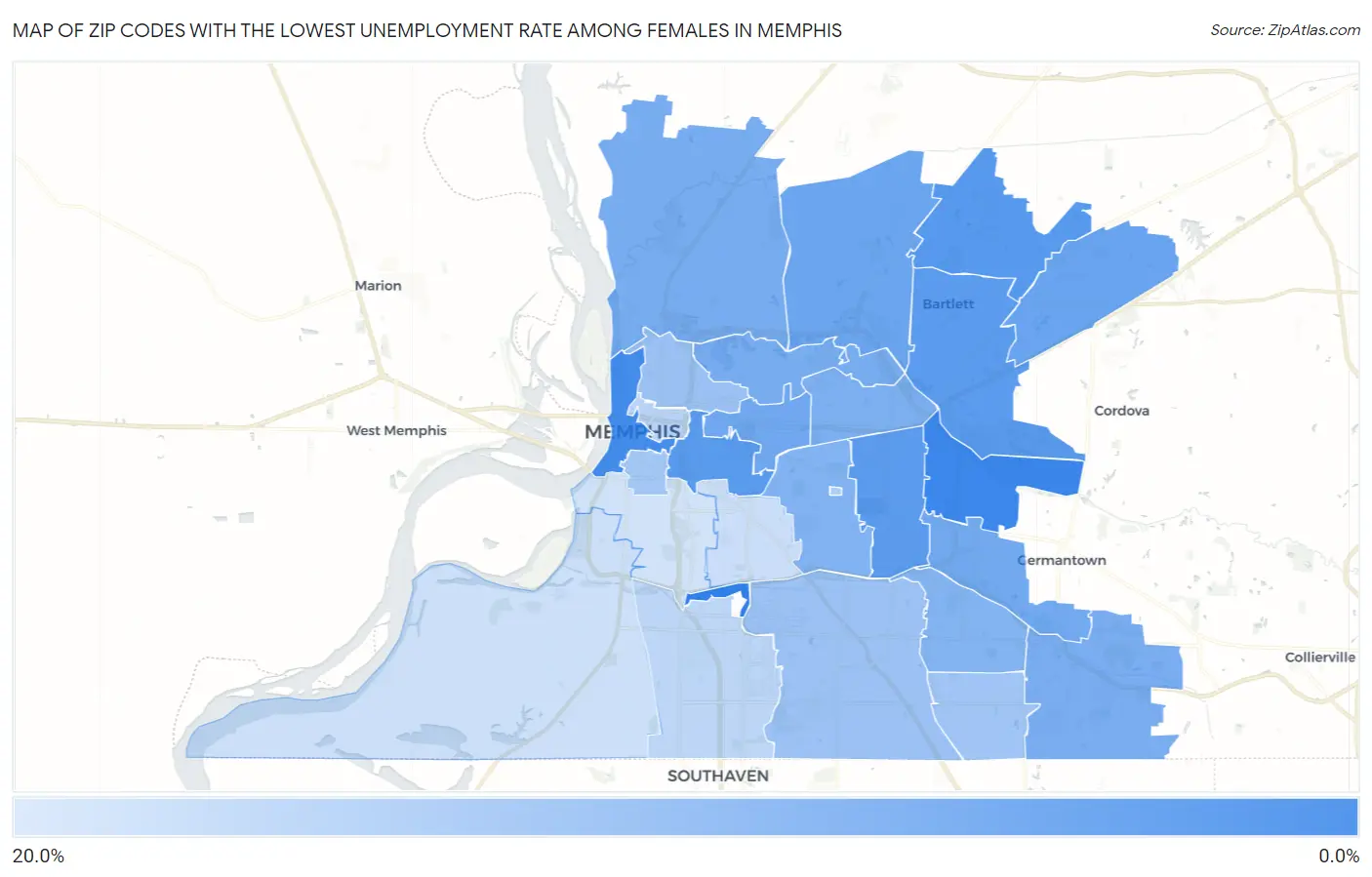 Zip Codes with the Lowest Unemployment Rate Among Females in Memphis Map