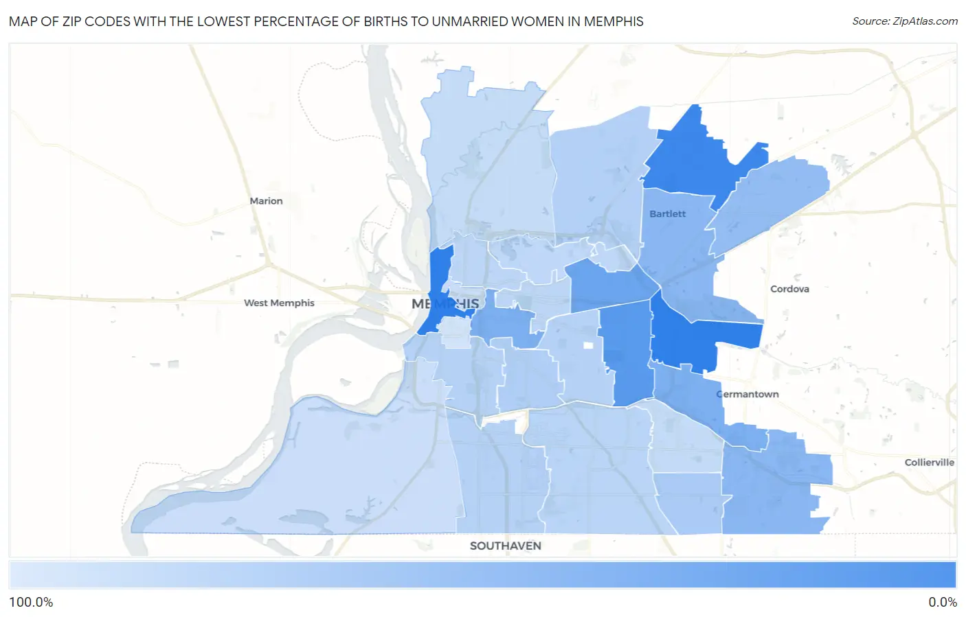 Zip Codes with the Lowest Percentage of Births to Unmarried Women in Memphis Map