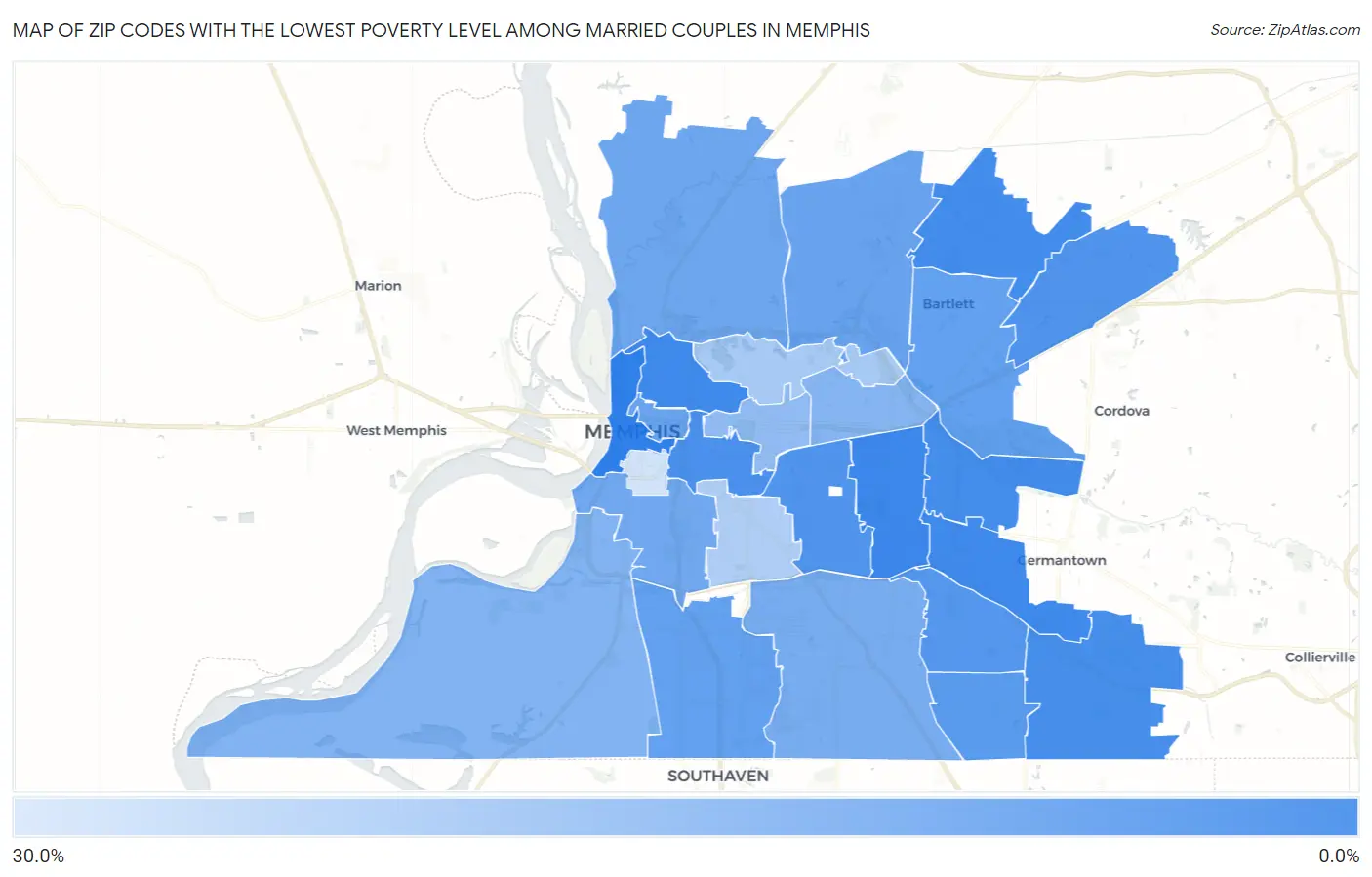 Zip Codes with the Lowest Poverty Level Among Married Couples in Memphis Map