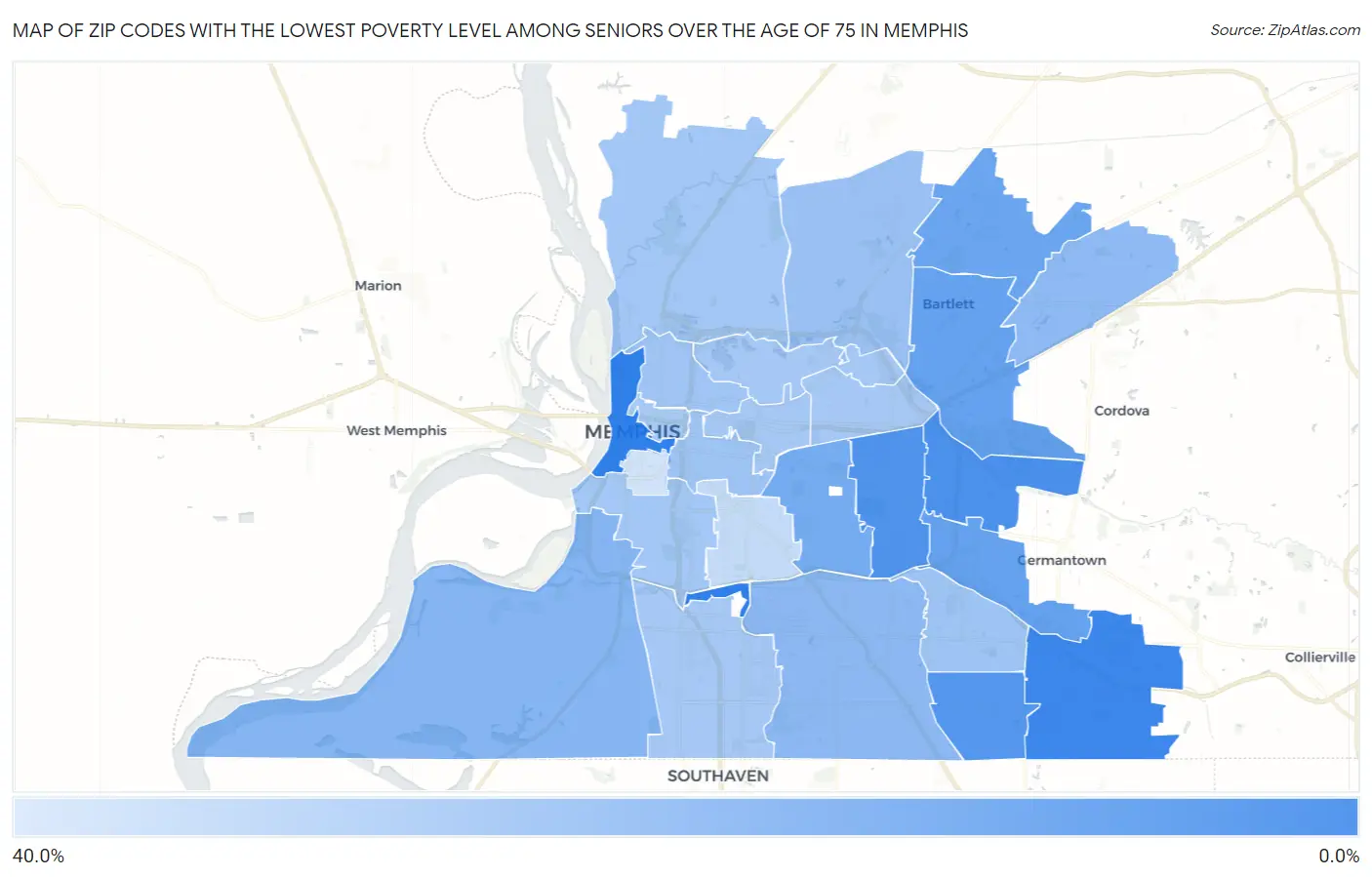 Zip Codes with the Lowest Poverty Level Among Seniors Over the Age of 75 in Memphis Map