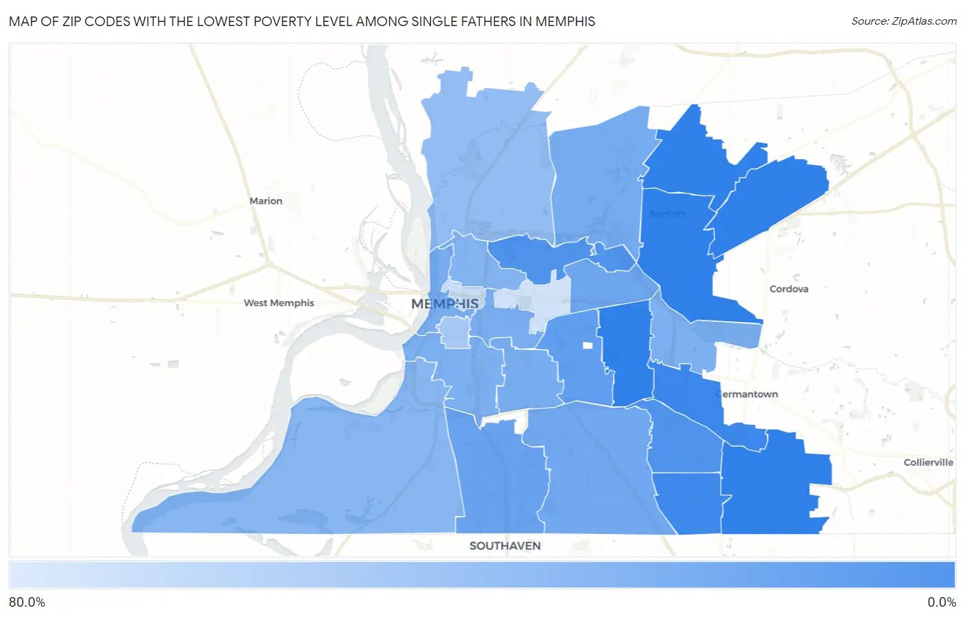 Zip Codes with the Lowest Poverty Level Among Single Fathers in Memphis Map