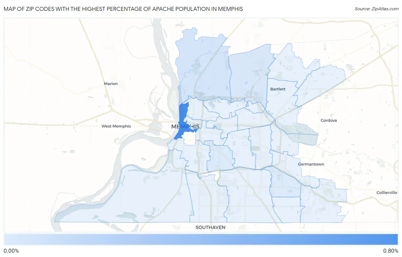 Zip Codes with the Highest Percentage of Apache Population in Memphis Map