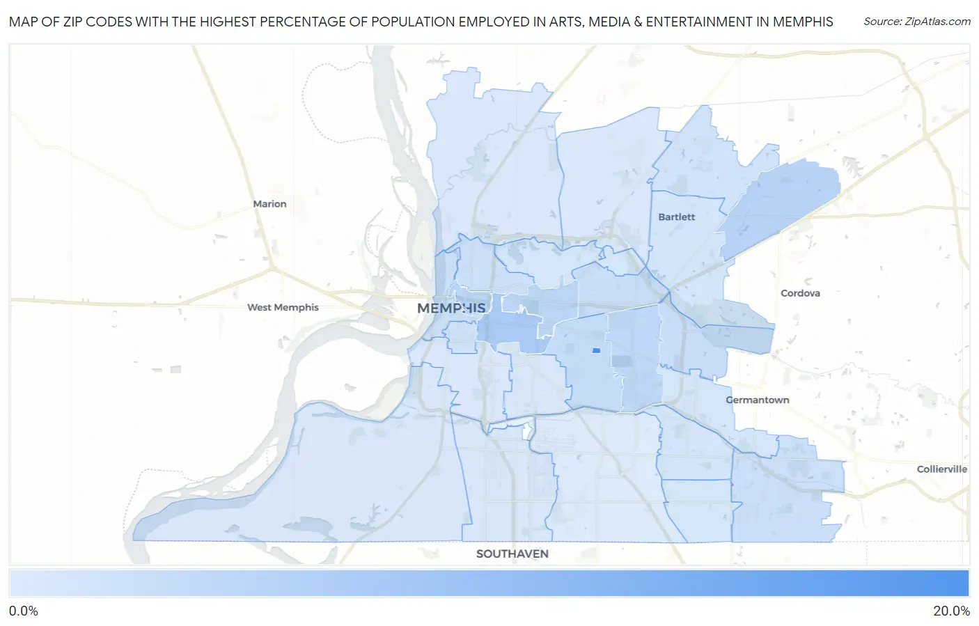 Zip Codes with the Highest Percentage of Population Employed in Arts, Media & Entertainment in Memphis Map