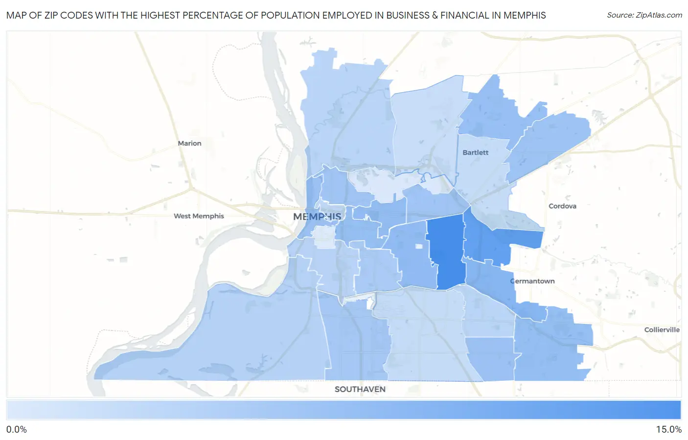 Zip Codes with the Highest Percentage of Population Employed in Business & Financial in Memphis Map