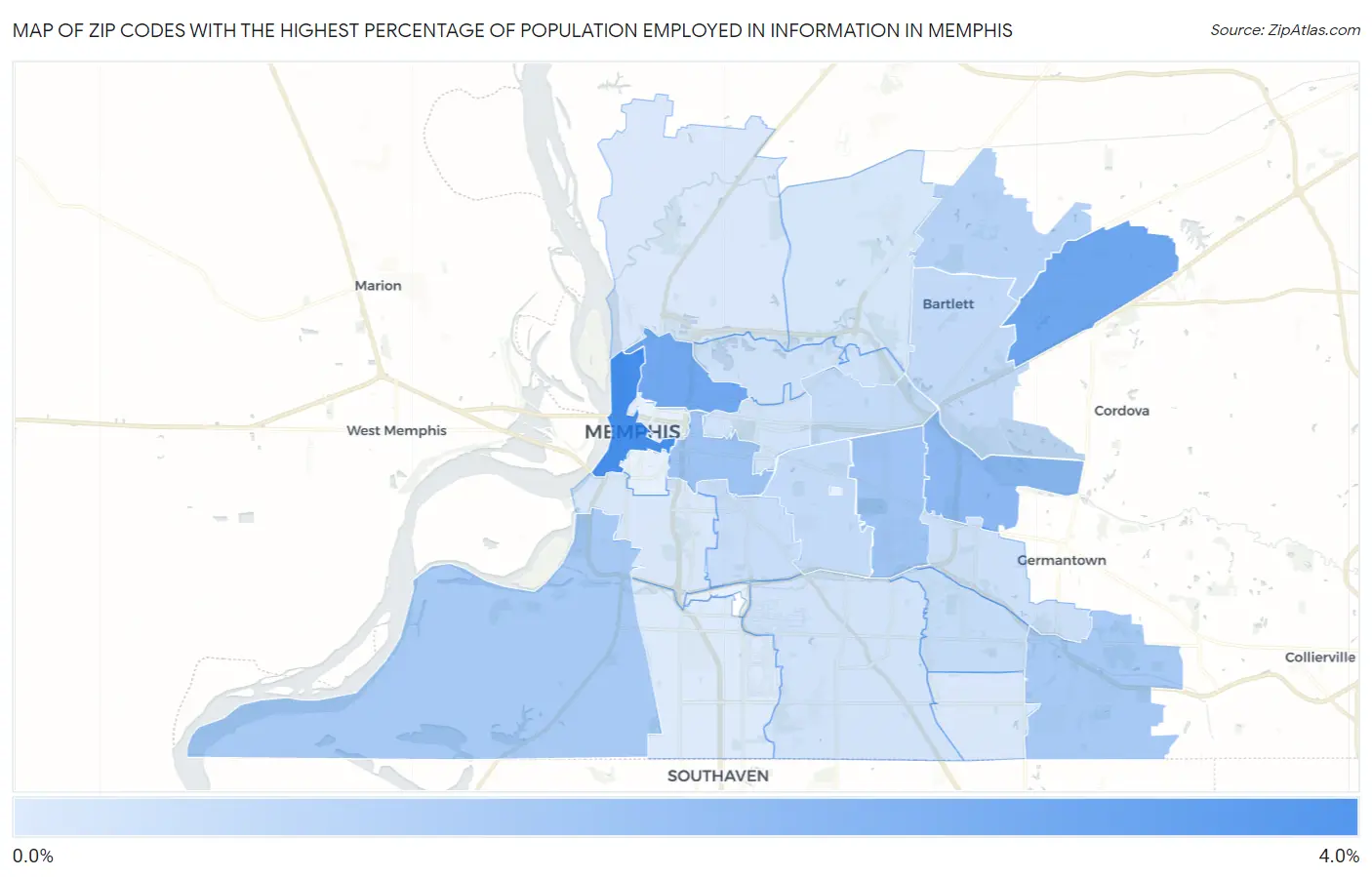 Zip Codes with the Highest Percentage of Population Employed in Information in Memphis Map