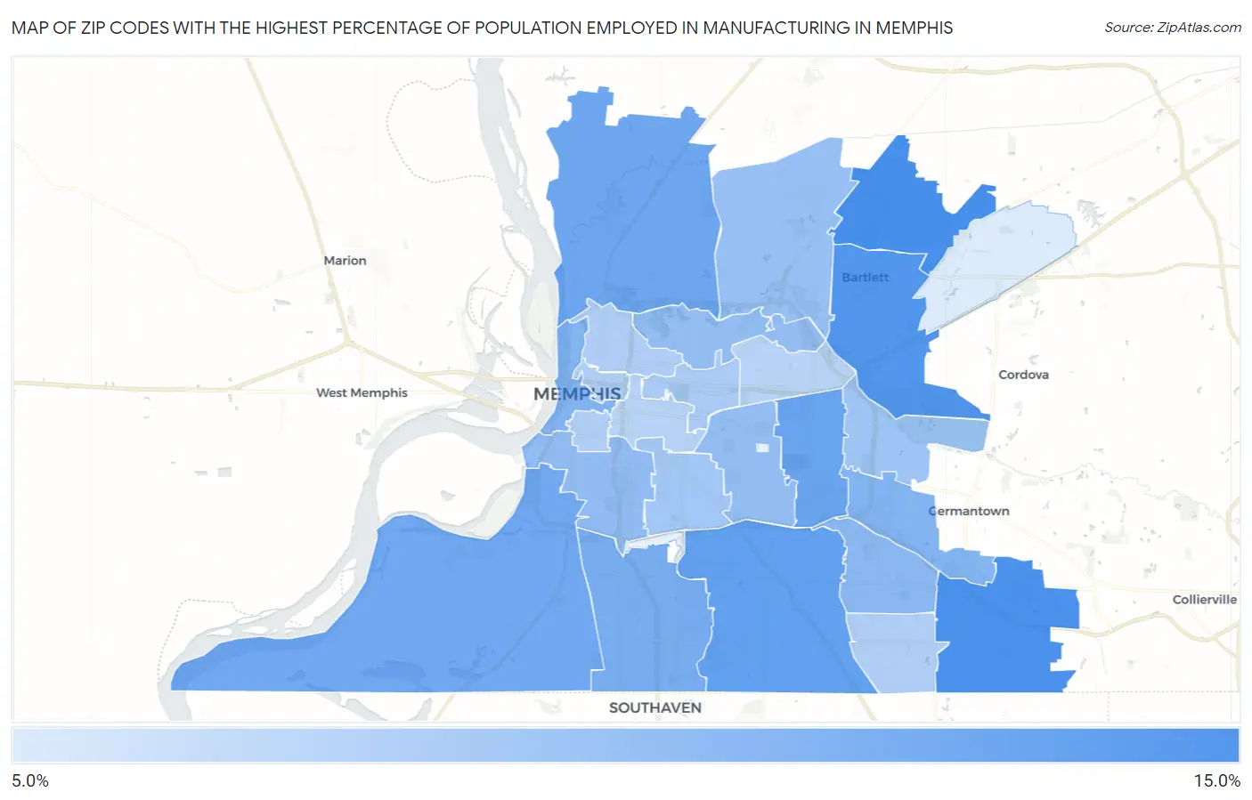 Zip Codes with the Highest Percentage of Population Employed in Manufacturing in Memphis Map