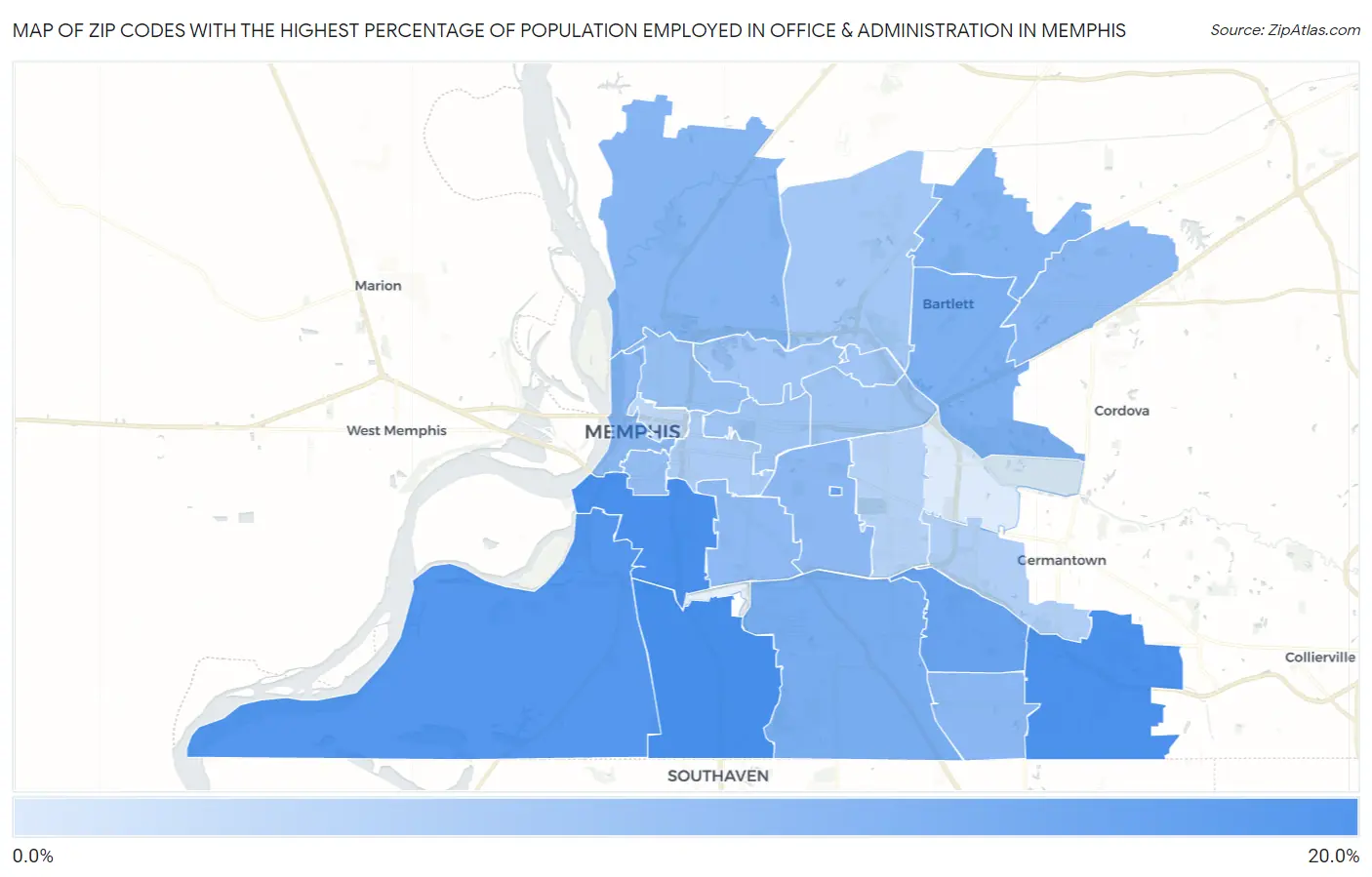 Zip Codes with the Highest Percentage of Population Employed in Office & Administration in Memphis Map