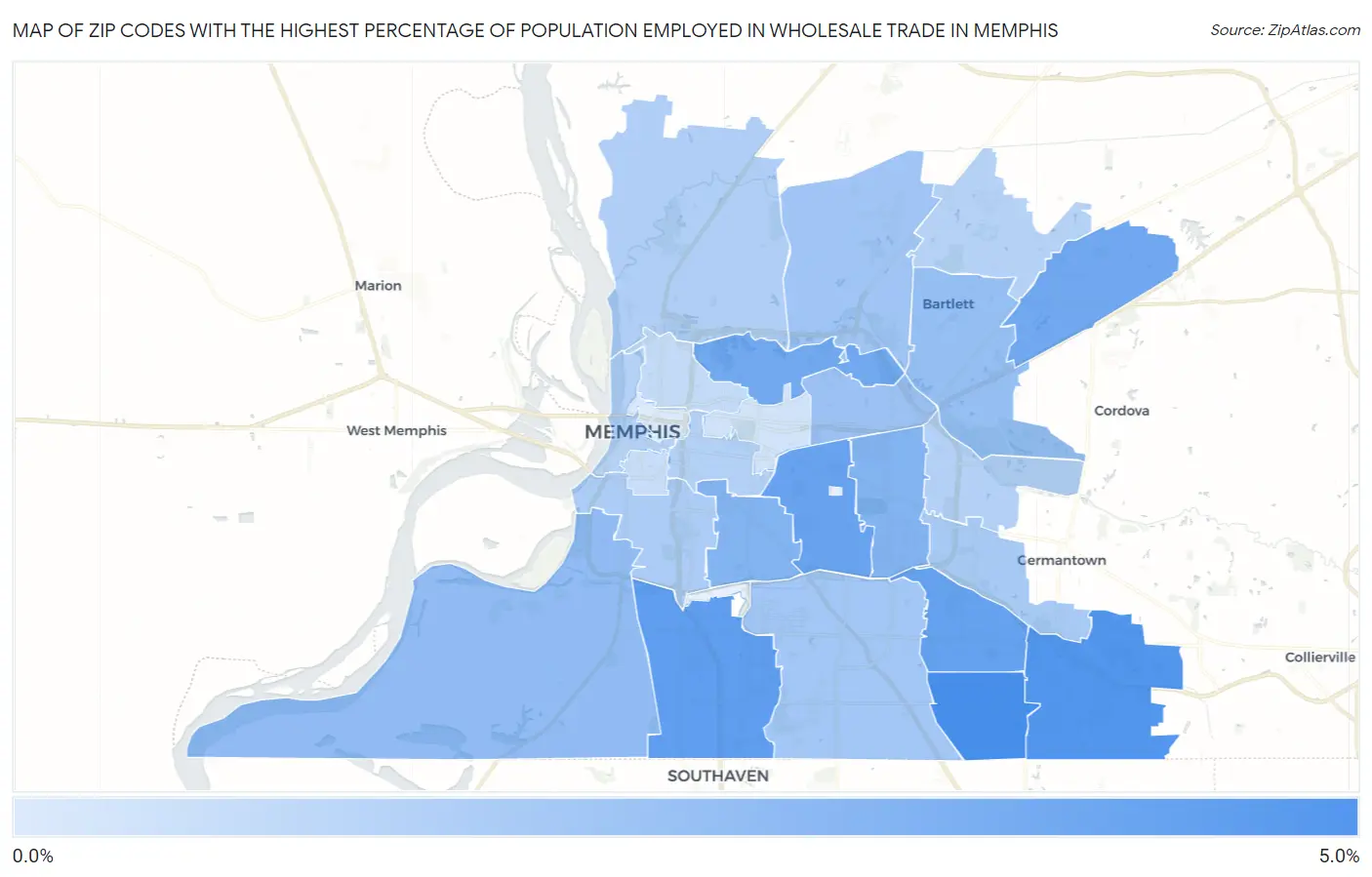 Zip Codes with the Highest Percentage of Population Employed in Wholesale Trade in Memphis Map