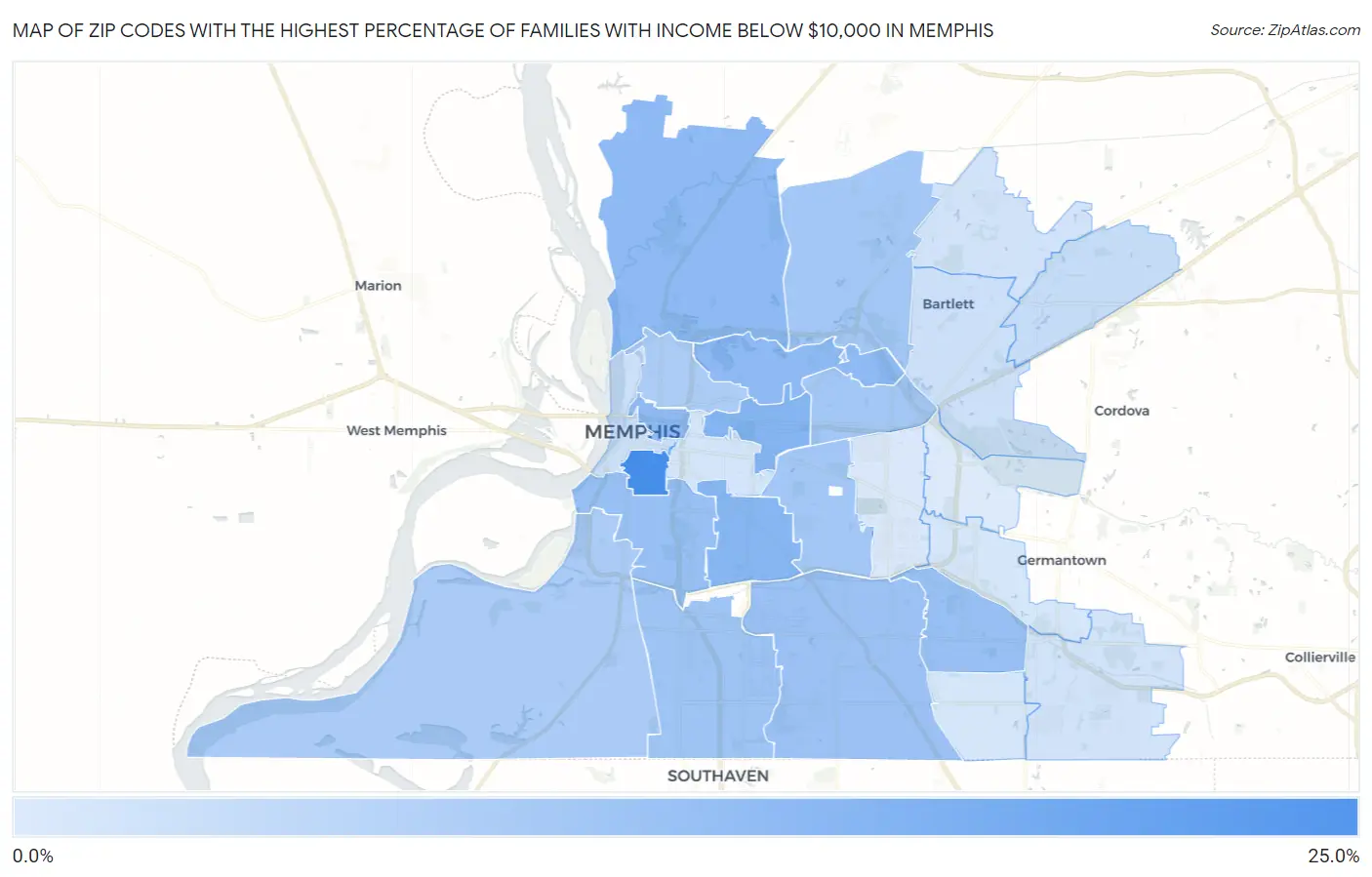 Zip Codes with the Highest Percentage of Families with Income Below $10,000 in Memphis Map