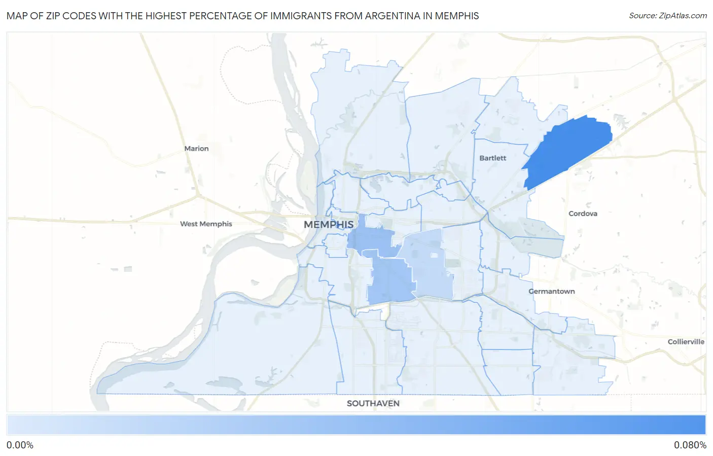 Zip Codes with the Highest Percentage of Immigrants from Argentina in Memphis Map
