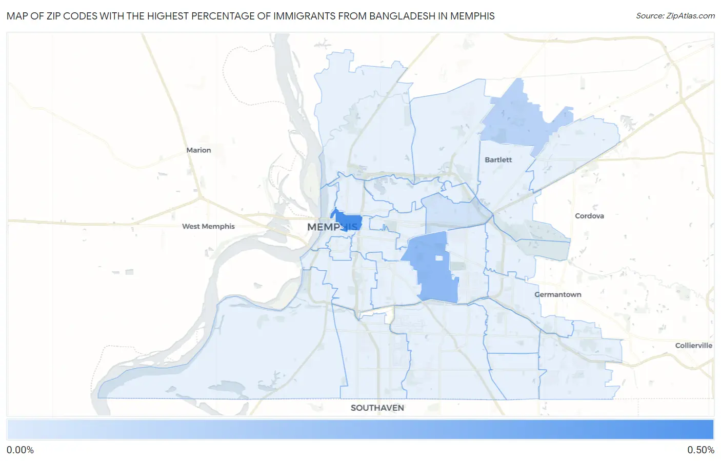 Zip Codes with the Highest Percentage of Immigrants from Bangladesh in Memphis Map