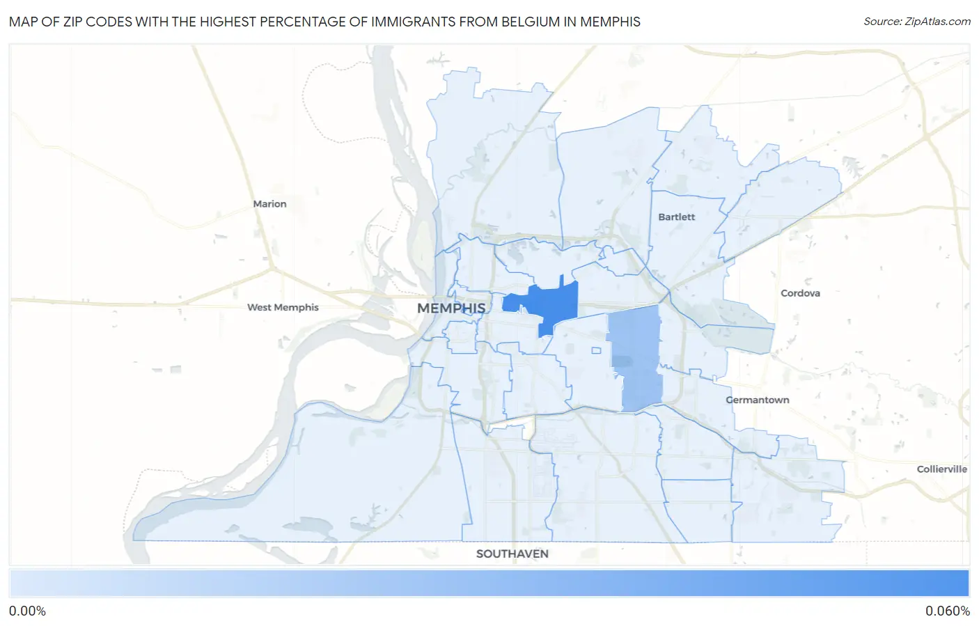 Zip Codes with the Highest Percentage of Immigrants from Belgium in Memphis Map