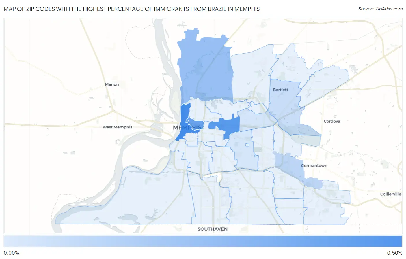 Zip Codes with the Highest Percentage of Immigrants from Brazil in Memphis Map