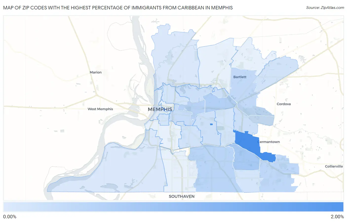 Zip Codes with the Highest Percentage of Immigrants from Caribbean in Memphis Map