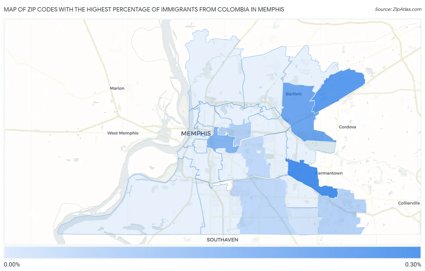 Zip Codes with the Highest Percentage of Immigrants from Colombia in Memphis Map