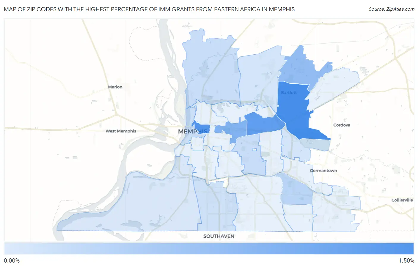 Zip Codes with the Highest Percentage of Immigrants from Eastern Africa in Memphis Map