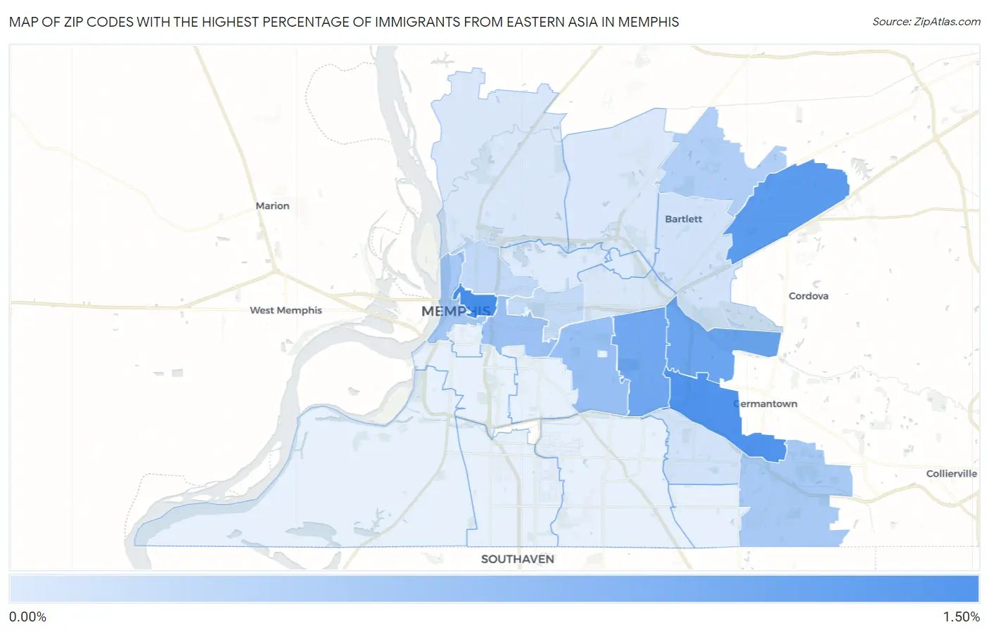 Zip Codes with the Highest Percentage of Immigrants from Eastern Asia in Memphis Map