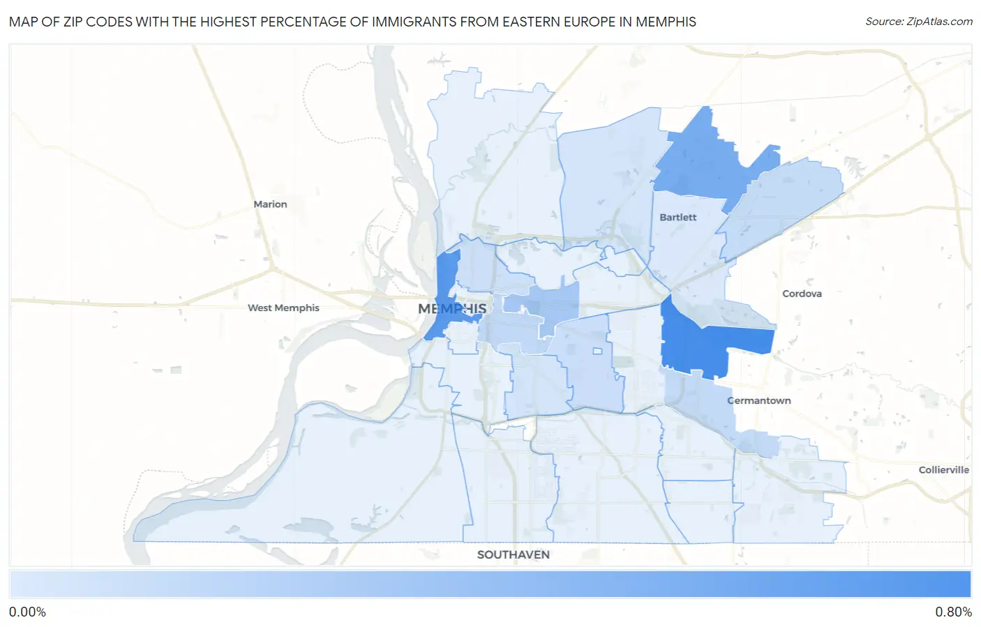 Zip Codes with the Highest Percentage of Immigrants from Eastern Europe in Memphis Map