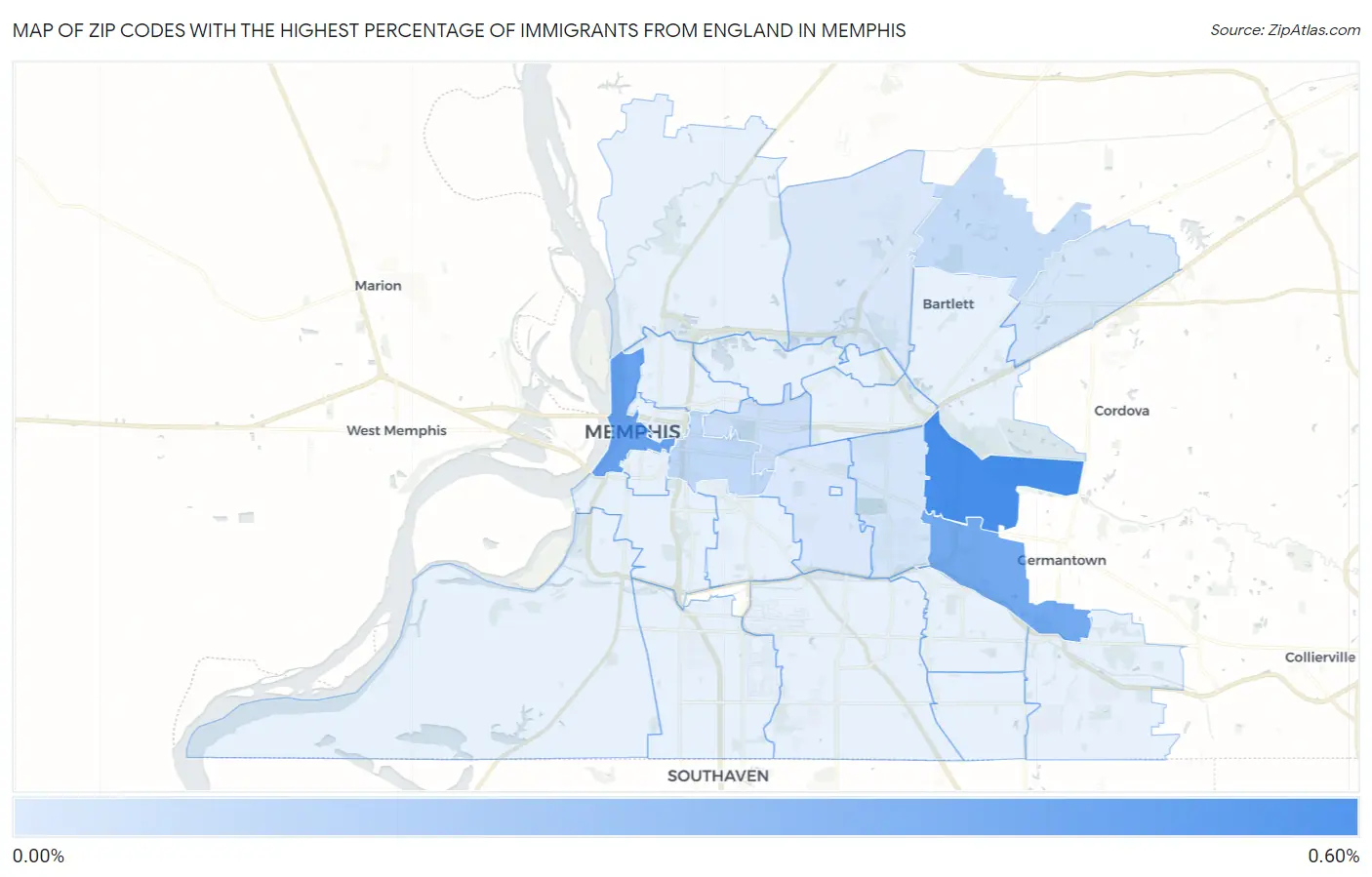 Zip Codes with the Highest Percentage of Immigrants from England in Memphis Map