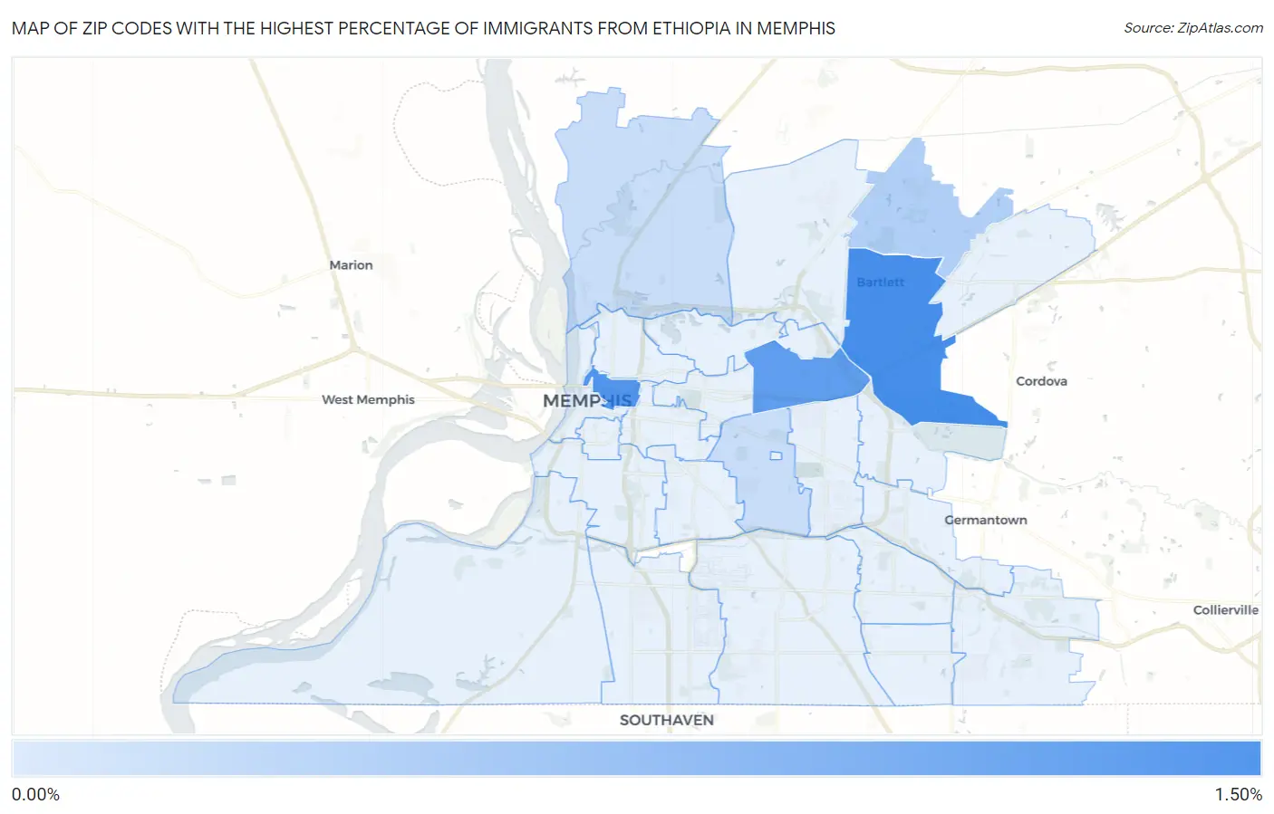Zip Codes with the Highest Percentage of Immigrants from Ethiopia in Memphis Map