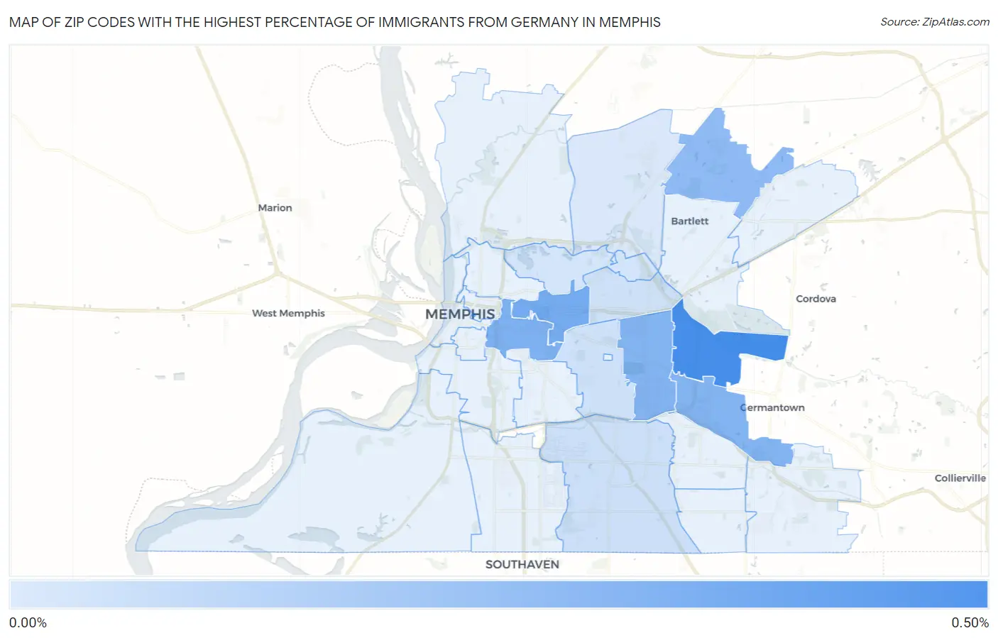 Zip Codes with the Highest Percentage of Immigrants from Germany in Memphis Map