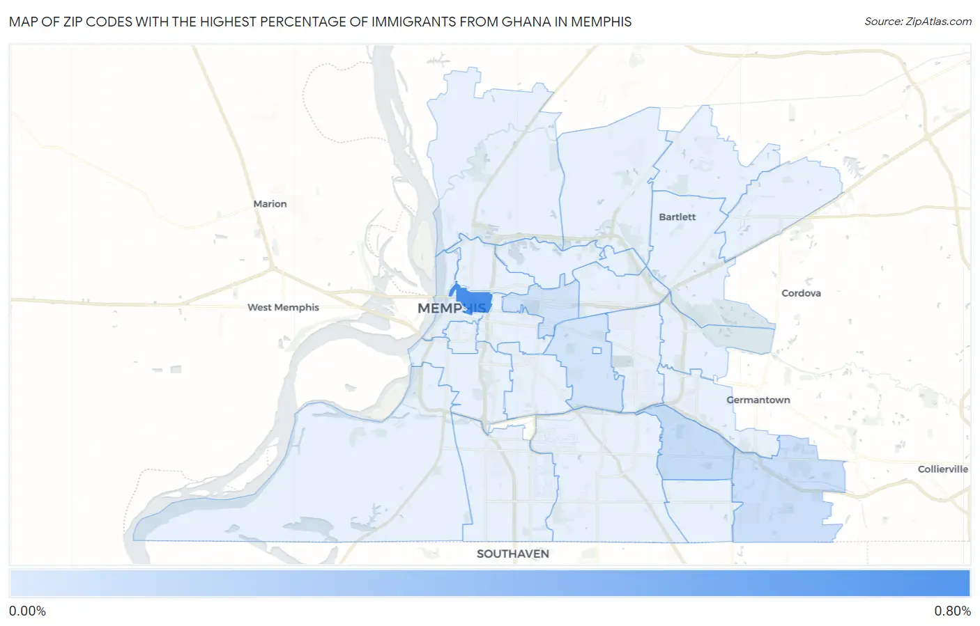 Zip Codes with the Highest Percentage of Immigrants from Ghana in Memphis Map