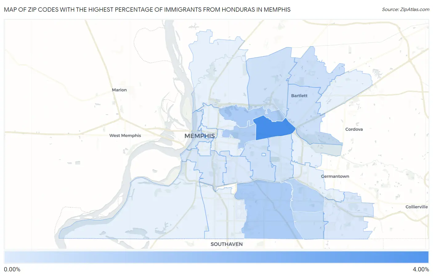 Zip Codes with the Highest Percentage of Immigrants from Honduras in Memphis Map