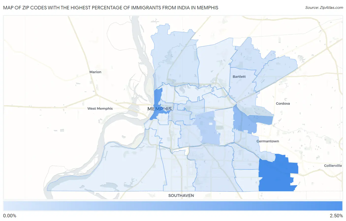 Zip Codes with the Highest Percentage of Immigrants from India in Memphis Map