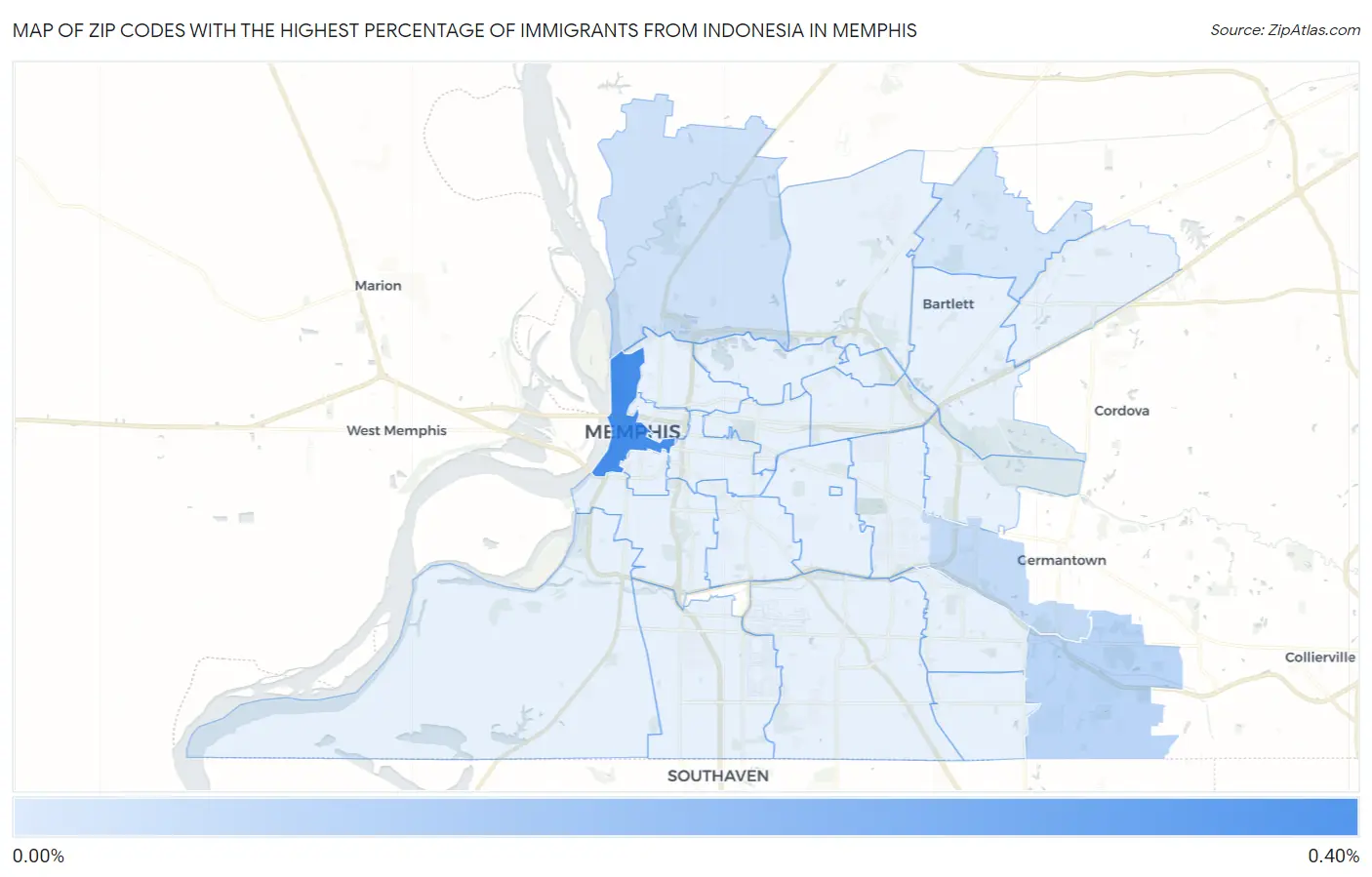 Zip Codes with the Highest Percentage of Immigrants from Indonesia in Memphis Map