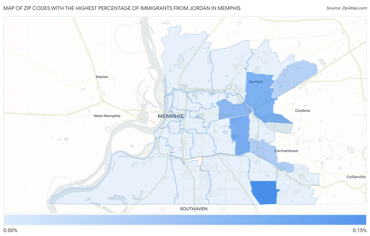 Zip Codes with the Highest Percentage of Immigrants from Jordan in Memphis Map