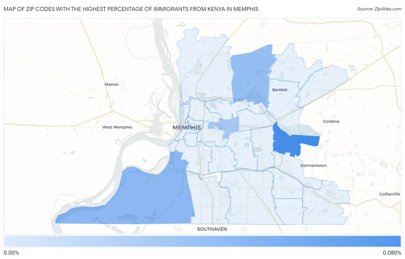 Zip Codes with the Highest Percentage of Immigrants from Kenya in Memphis Map