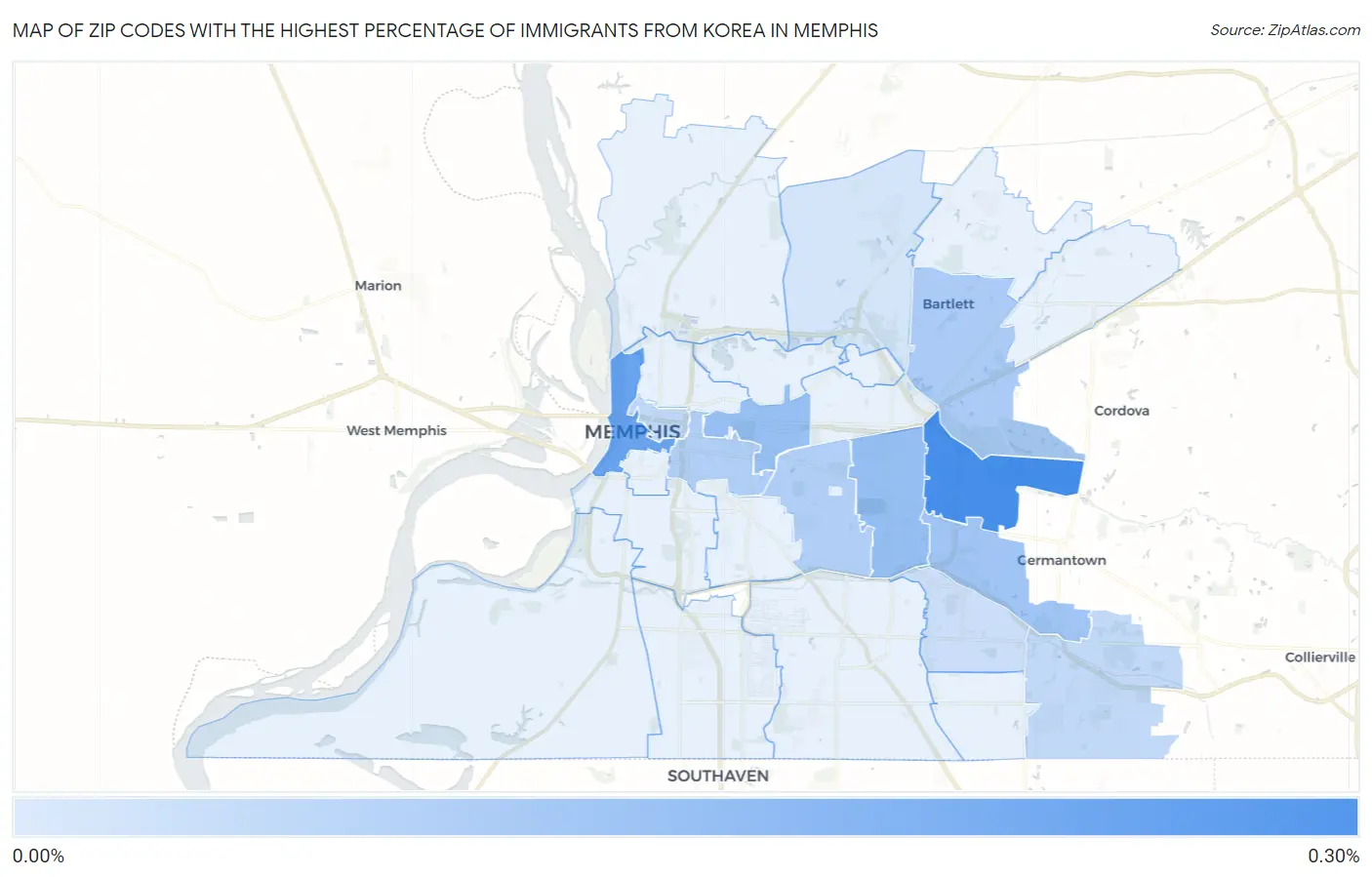 Zip Codes with the Highest Percentage of Immigrants from Korea in Memphis Map