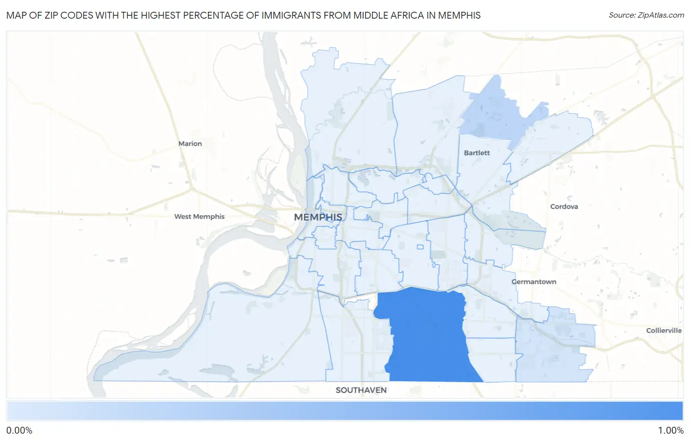 Zip Codes with the Highest Percentage of Immigrants from Middle Africa in Memphis Map