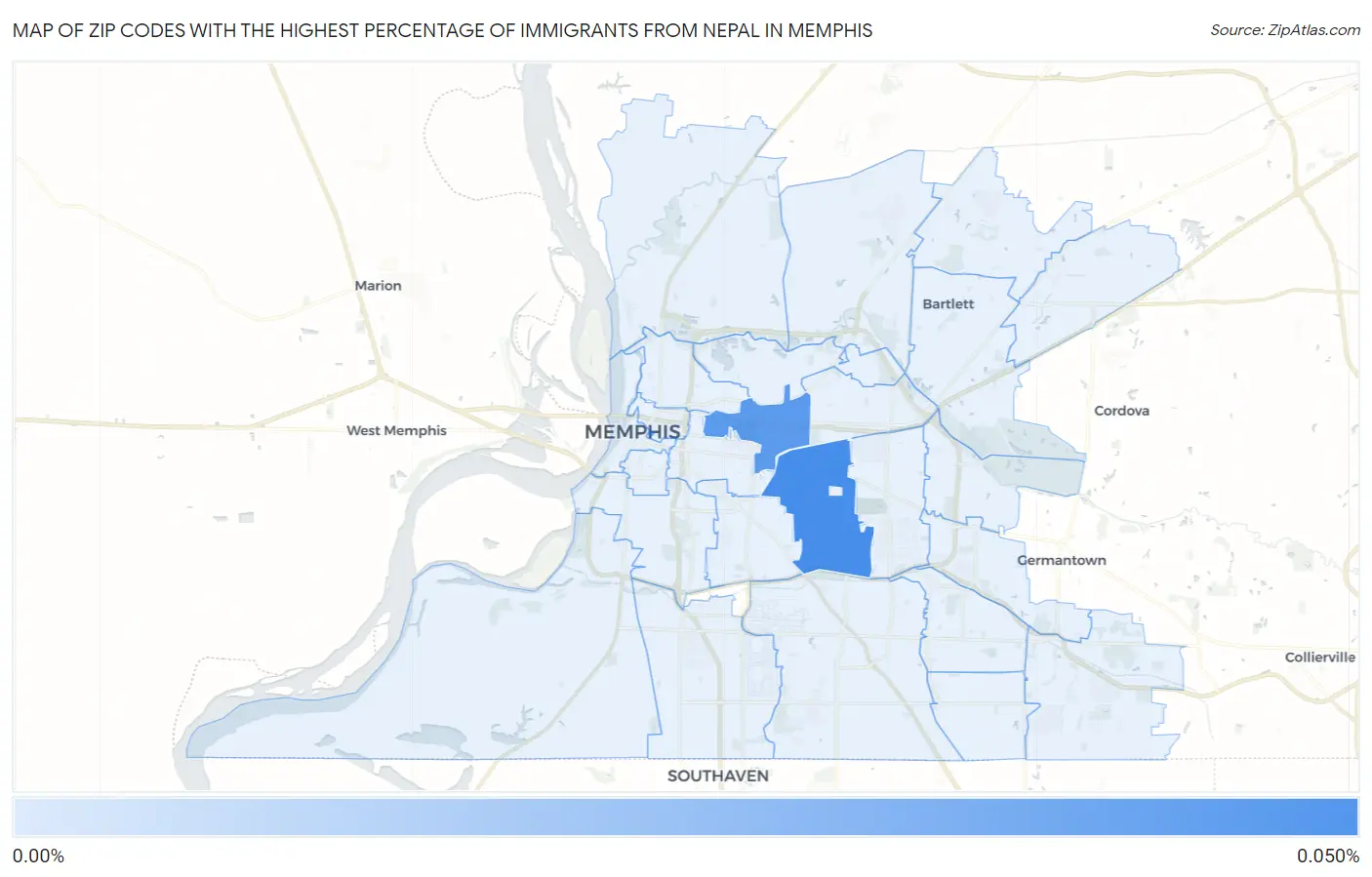 Zip Codes with the Highest Percentage of Immigrants from Nepal in Memphis Map