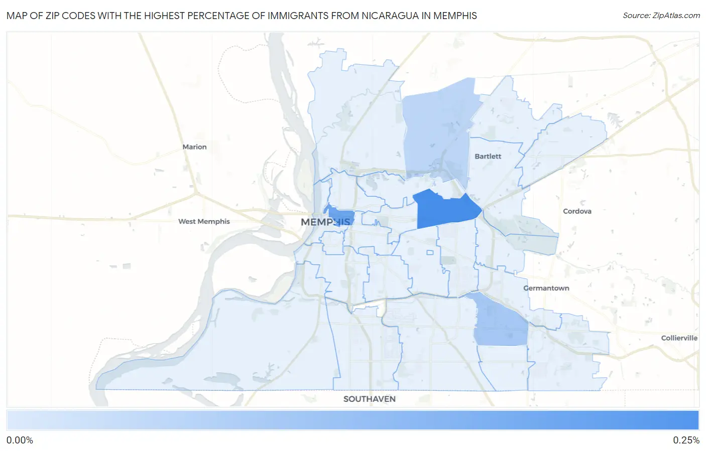 Zip Codes with the Highest Percentage of Immigrants from Nicaragua in Memphis Map