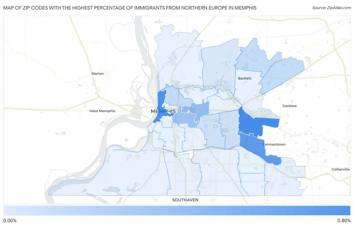 Zip Codes with the Highest Percentage of Immigrants from Northern Europe in Memphis Map