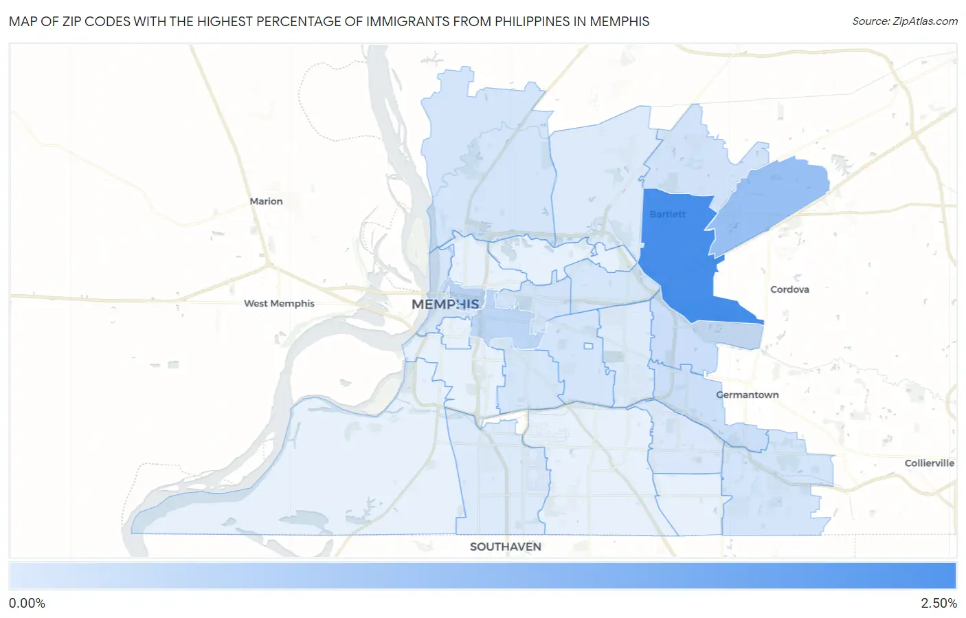 Zip Codes with the Highest Percentage of Immigrants from Philippines in Memphis Map