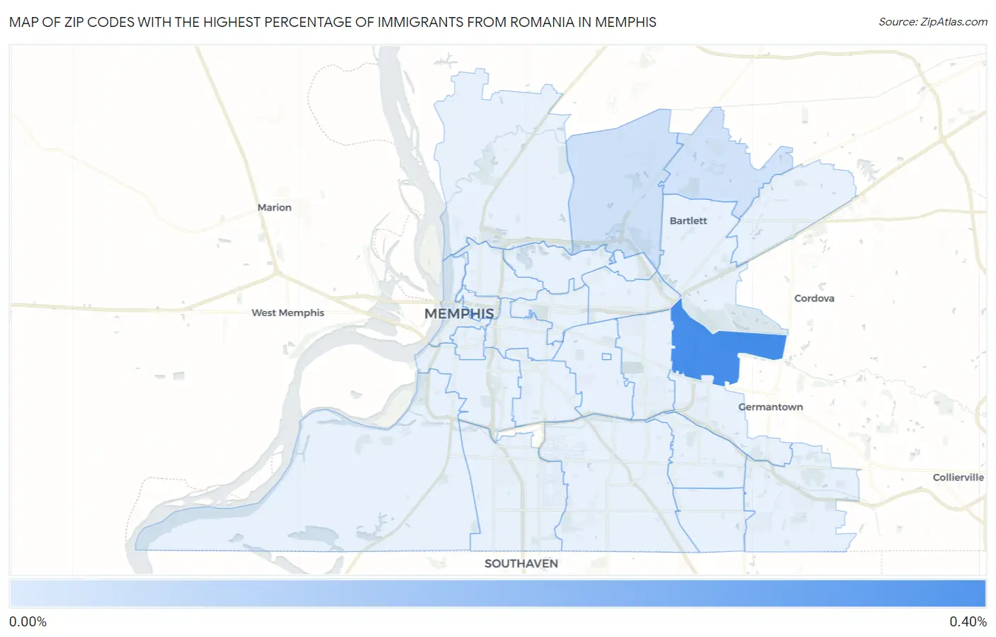 Zip Codes with the Highest Percentage of Immigrants from Romania in Memphis Map