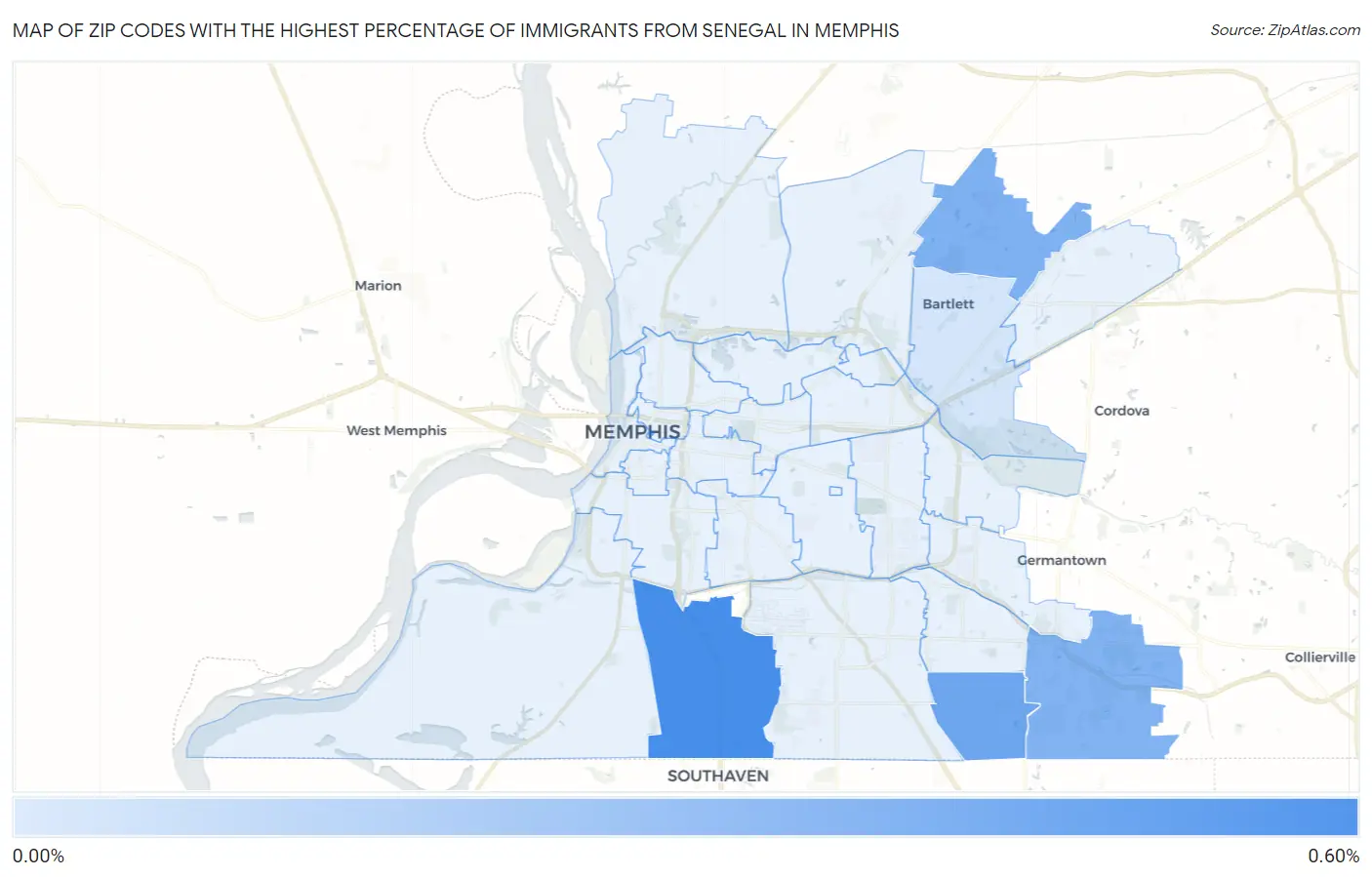 Zip Codes with the Highest Percentage of Immigrants from Senegal in Memphis Map